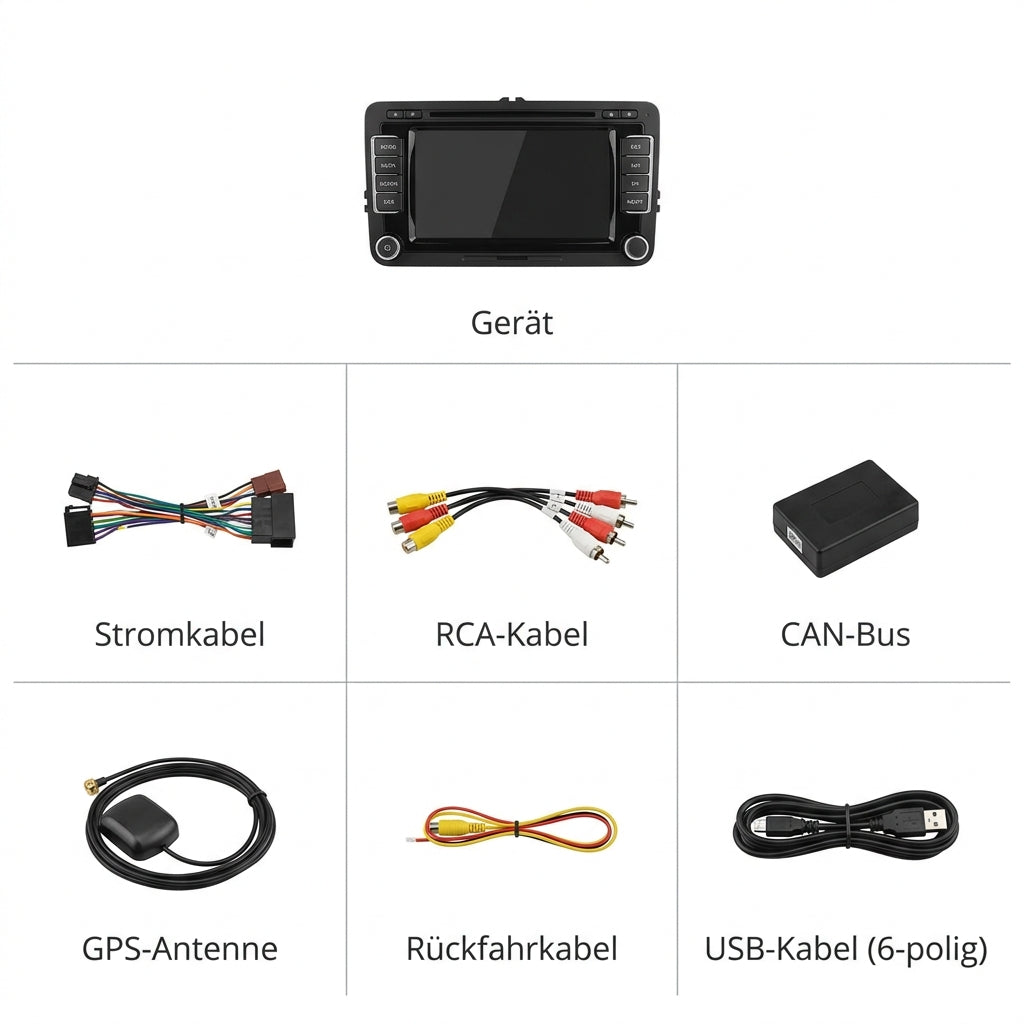 [de] Lieferumfang | Gerät, Stromkabel, RCA-Kabel, CAN-Bus, GPS-Antenne, Rückfahrkabel, USB-Kabel